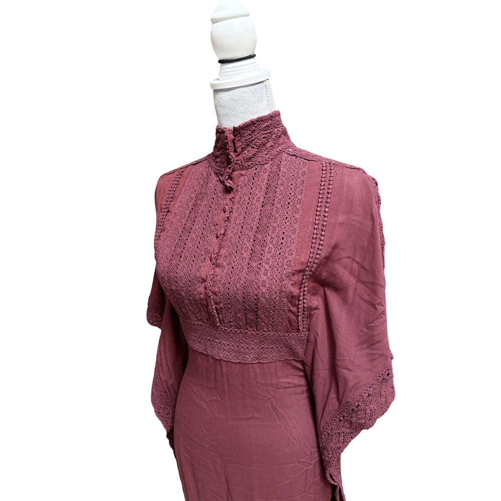 Nasty Gal Maxi Dress XS Burgundy Crochet Lace Butterfly Sleeve Open Back - Picture 4 of 8